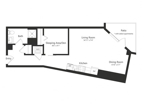 Floor plan for studio, 1 bath, 626 sqft